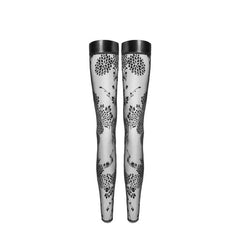 Tulle Stockings w Patterned Flock Embroidery & Power Wetlook Band