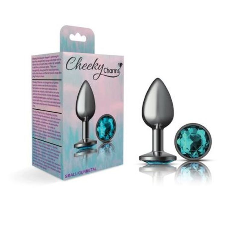 Cheeky Charms Gunmetal Round Butt Plug w Teal Jewel Small