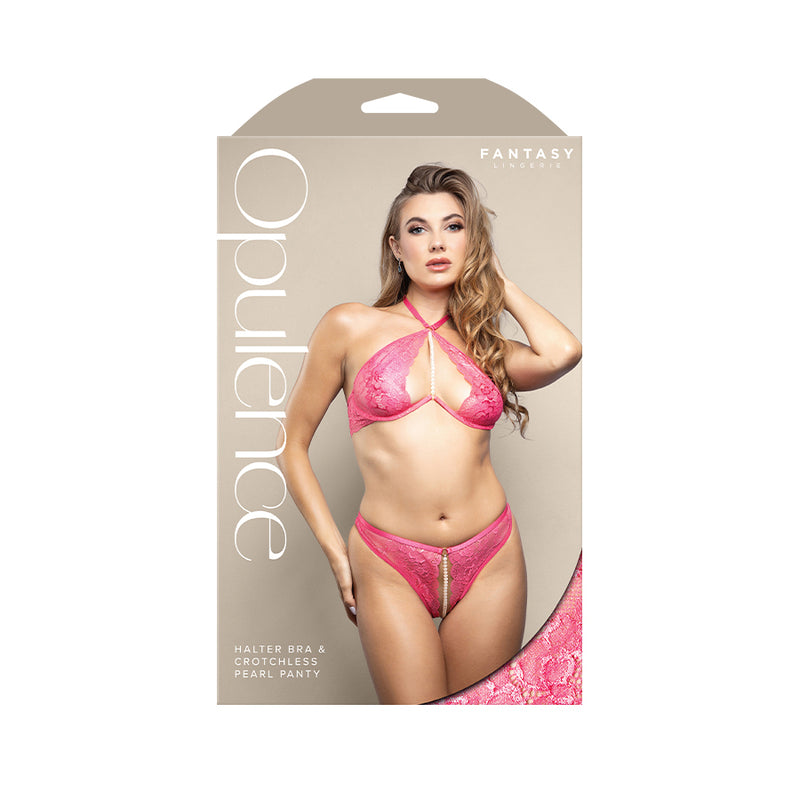 OPULENCE Halter Bra & Crotchless Pearl Panty SM - Pink - S/M Size