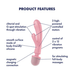 Satisfyer Triple Lover - Pink USB Rechargeable Rabbit Vibrator and Massage Wand