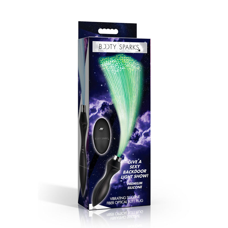 Booty Sparks Vibrating Silicone Fibre Optical Butt Plug - Black USB Rechargeable Butt Plug with Multicolour Fibre Optic Tail