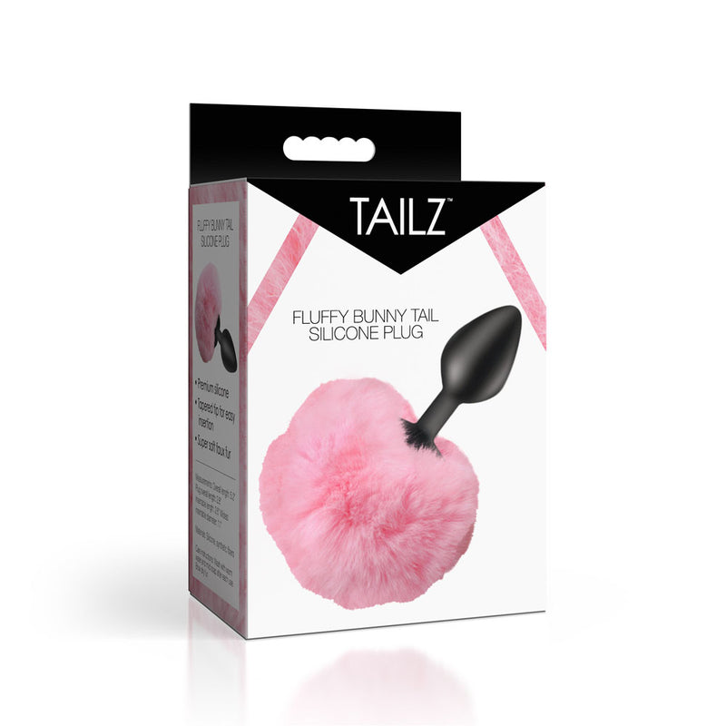 Tailz Fluffy Bunny Tail Silicone Plug - Pink - Black Butt Plug with Pink Bunny Tail