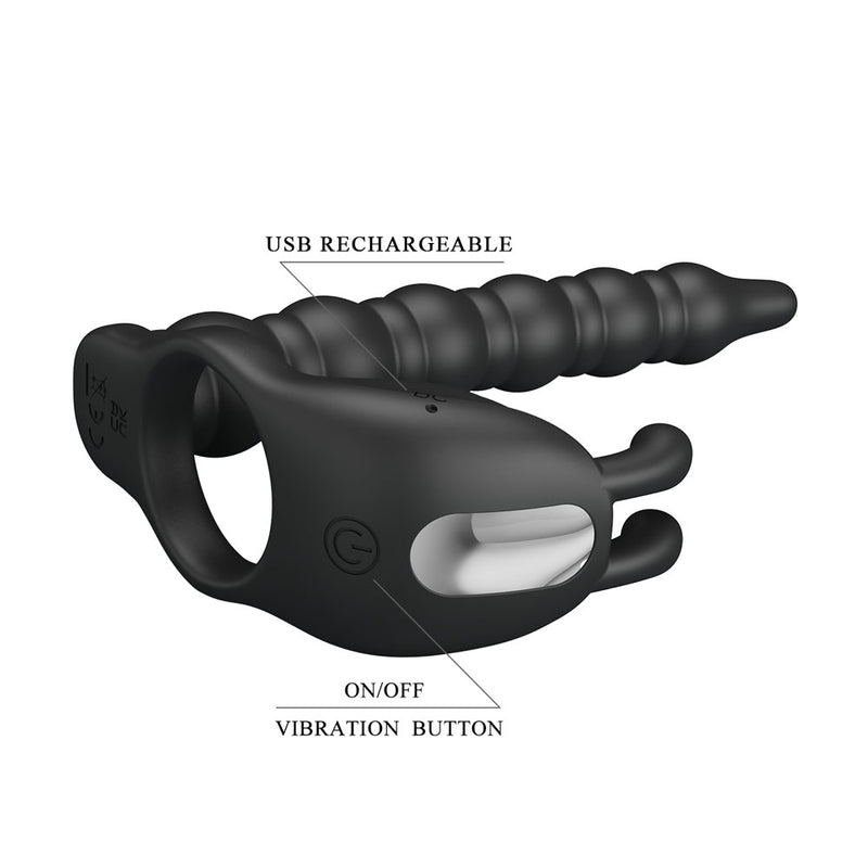 Party Up MARCUS Ring & Anal Plug - Black USB Rechargeable Vibrating Cock Ring with Double Penetrator
