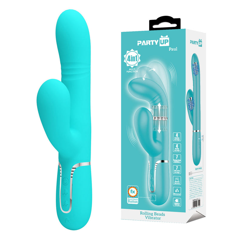 Party Up PAUL Rolling Beads Vibrator - Teal - Teal 22.6 cm USB Rechargeable Thrusting Rabbit Vibrator