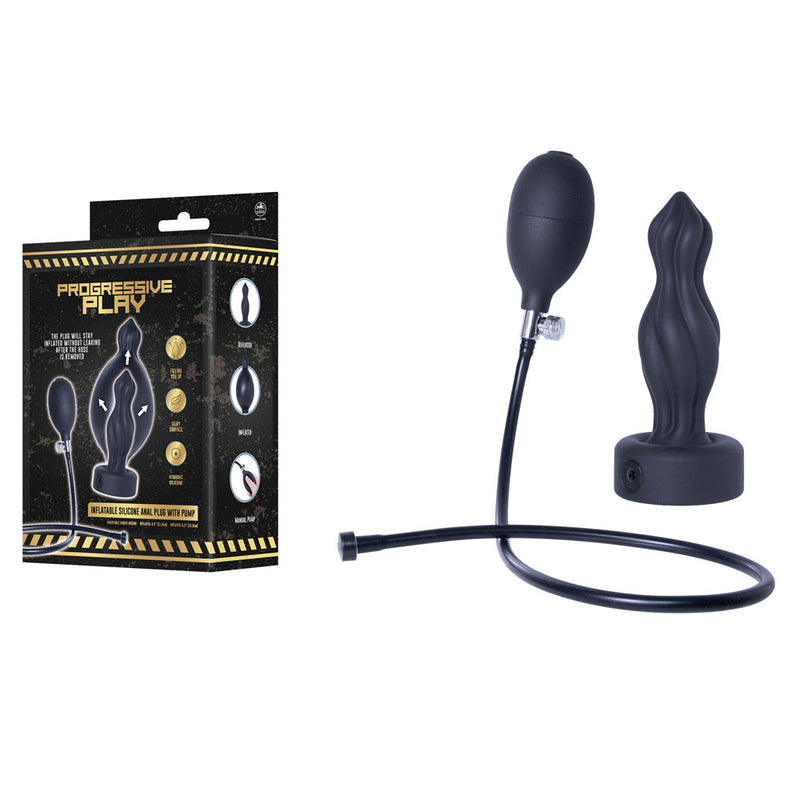 Progressive Play - Inflatable Silicone Anal Plug with Pump - Black 16.5 cm Inflatable Butt Plug