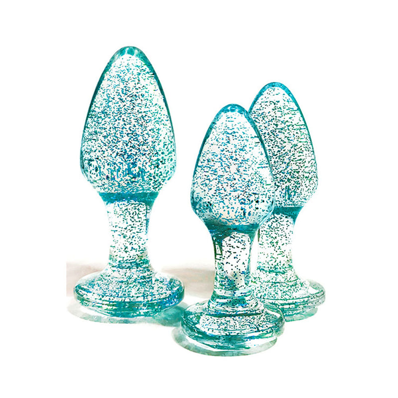 Adam & Eve Glitter Gem 3-Piece Butt Plug Set - Blue - Glitter Blue Butt Plugs - Set of 3 Sizes