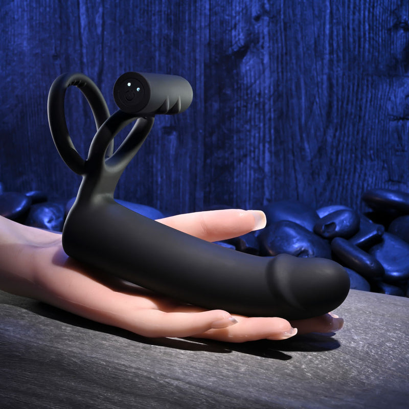 Gender X FULL SWING - Black USB Rechargeable Vibrating Cock Ring with Double Penetrator Dildo