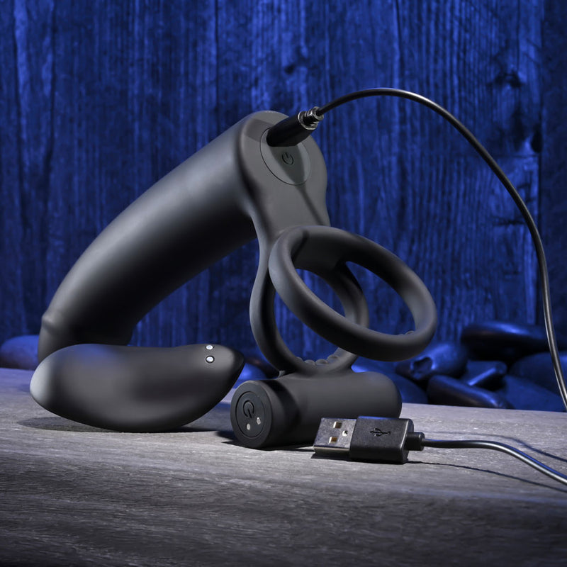 Gender X FULL SWING - Black USB Rechargeable Vibrating Cock Ring with Double Penetrator Dildo