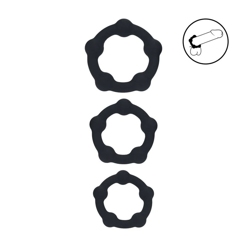 LEVELZ Beaded Silicone Cock Ring Set of 3 - Black - Black Cock Rings - Set of 3 Sizes