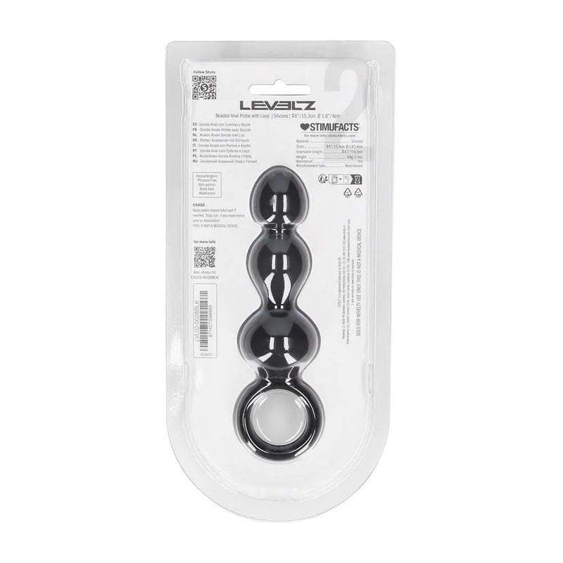 LEVELZ Beaded Silicone Anal Probe with Loop - Black 15.3 cm Beaded Anal Plug