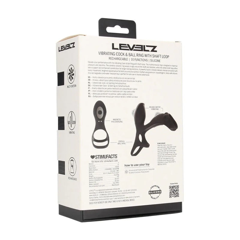 LEVELZ Vibrating Cock & Ball Ring with Shaft Loop - Black USB Rechargeable Vibrating Cock & Ball Rings