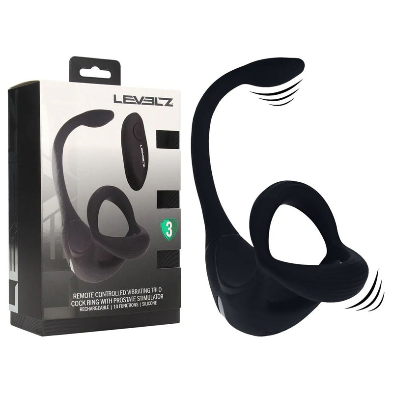 LEVELZ Remote Controlled Vibrating TriO Cock Ring with Prostate Stimulator - Black USB Rechargeable Vibrating Cock Ring with Anal Plug