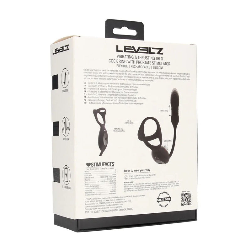 LEVELZ Vibrating & Thrusting TriO Cock Ring with Prostate Stimulator - Black USB Rechargeable Vibrating Cock Ring with Thrusting Prostate Plug