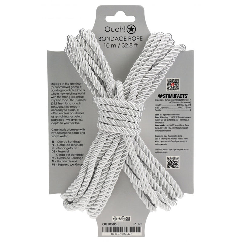 OUCH! Bondage Rope - 10 M - Silver - Silver Nylon Bondage Rope - 10 metre Length