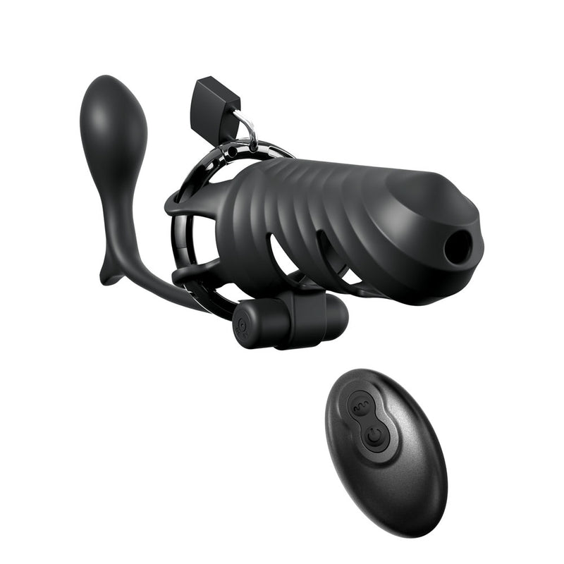 Fantasy C-Ringz Remote-Controlled Vibrating Cock Blocker with Ass-Gasm Plug - Black Vibrating Cock Cage with Anal Plug