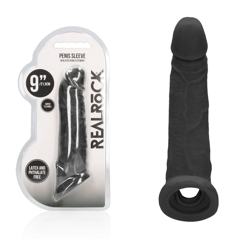 REALROCK 9'' Realistic Penis Extender with Rings - Black - Black 22.9 cm Penis Extension Sleeve