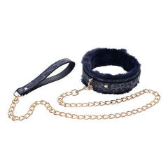 Sex & Mischief Cougar Fur Collar & Leash - Navy Blue/Gold Furry Restraint