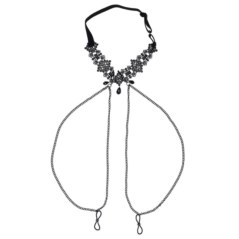 Sex & Mischief Lace Collar with Nipple Ties - Black Neck and Nipple Restraints