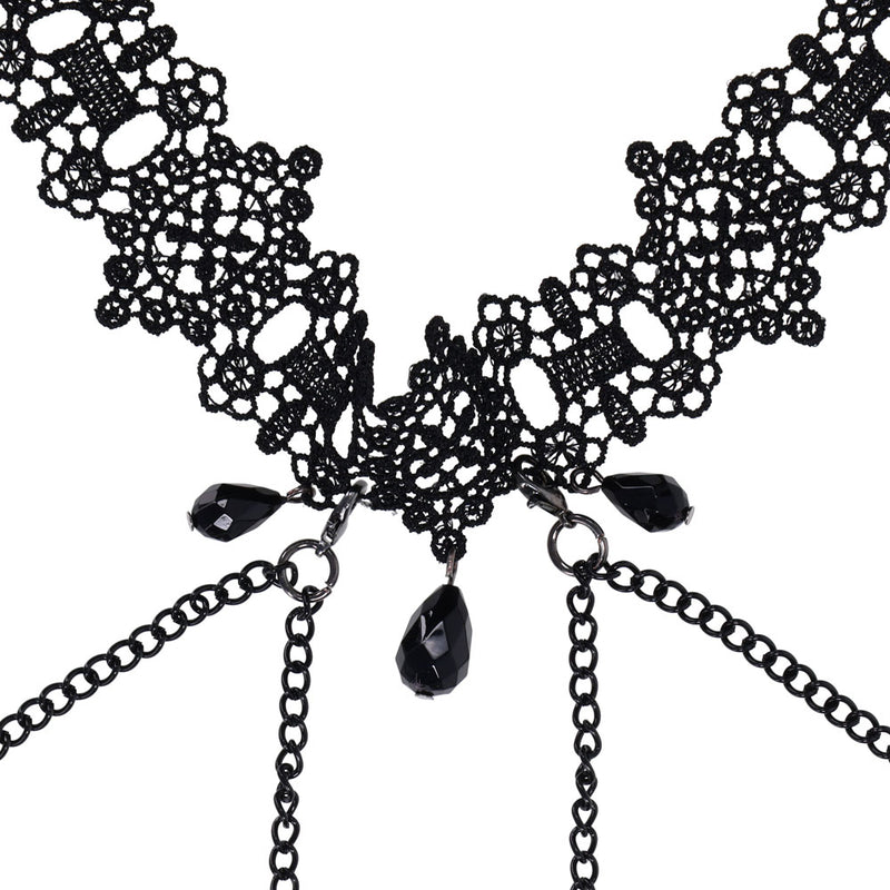 Sex & Mischief Lace Collar with Nipple Ties - Black Neck and Nipple Restraints