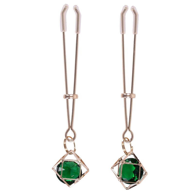 Sex & Mischief Indica Crystal Nipple Clips - Gold Nipple Clips with Emerald Gems
