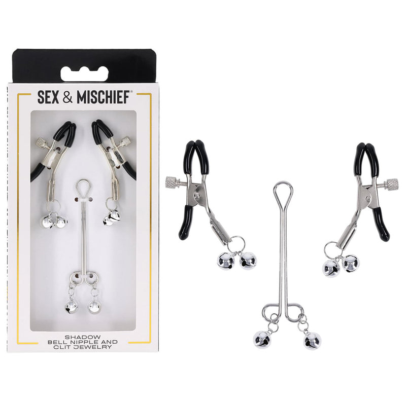 S&M Shadow Bell Nipple and Clit Jewelry - Metal Nipple Clamps and Clitoris Clamp