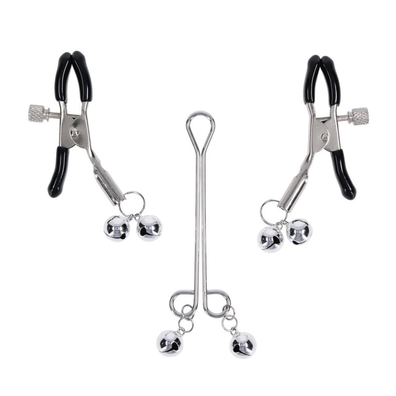 S&M Shadow Bell Nipple and Clit Jewelry - Metal Nipple Clamps and Clitoris Clamp