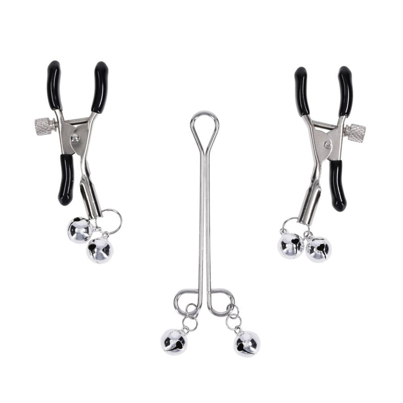 S&M Shadow Bell Nipple and Clit Jewelry - Metal Nipple Clamps and Clitoris Clamp
