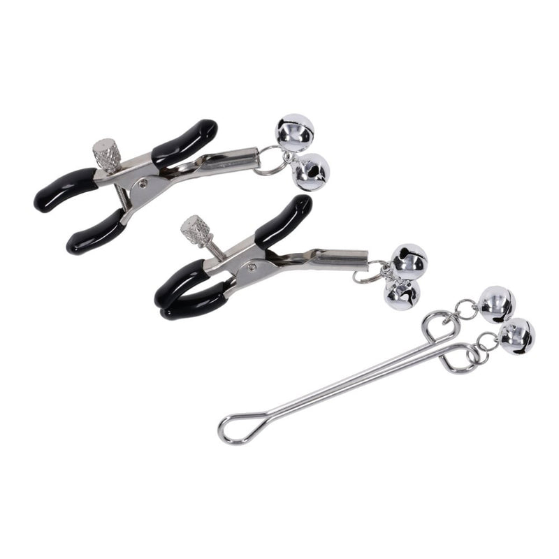 S&M Shadow Bell Nipple and Clit Jewelry - Metal Nipple Clamps and Clitoris Clamp