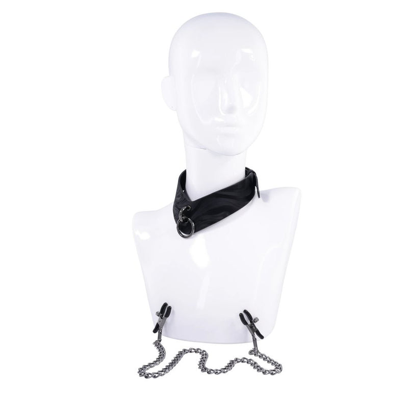 SPORTSHEETS Velvet Noir Collar & Removable Clamps - Black Neck & Nipple Restraints