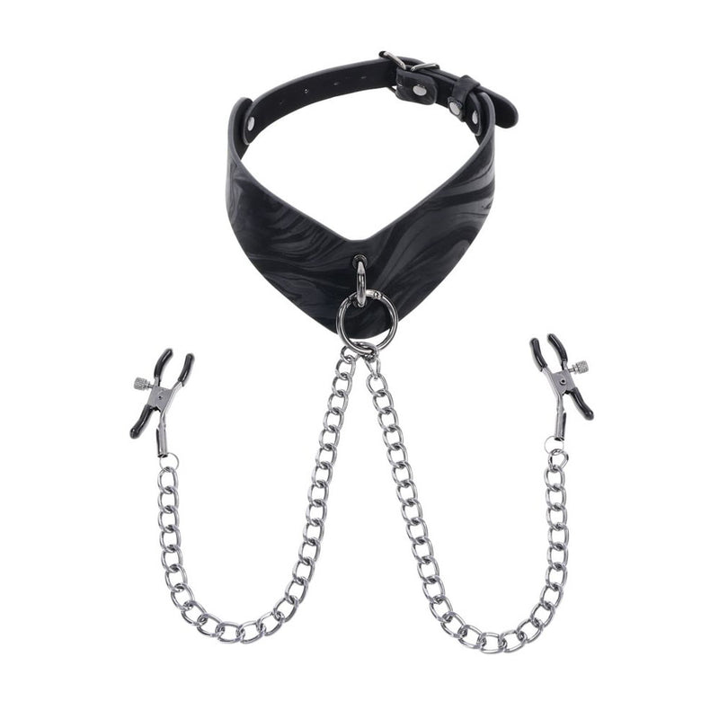 SPORTSHEETS Velvet Noir Collar & Removable Clamps - Black Neck & Nipple Restraints